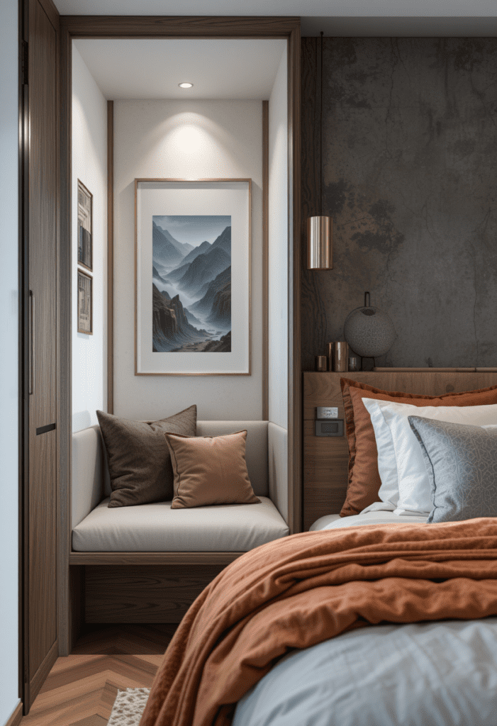 built-in nook in a modern small bedroom