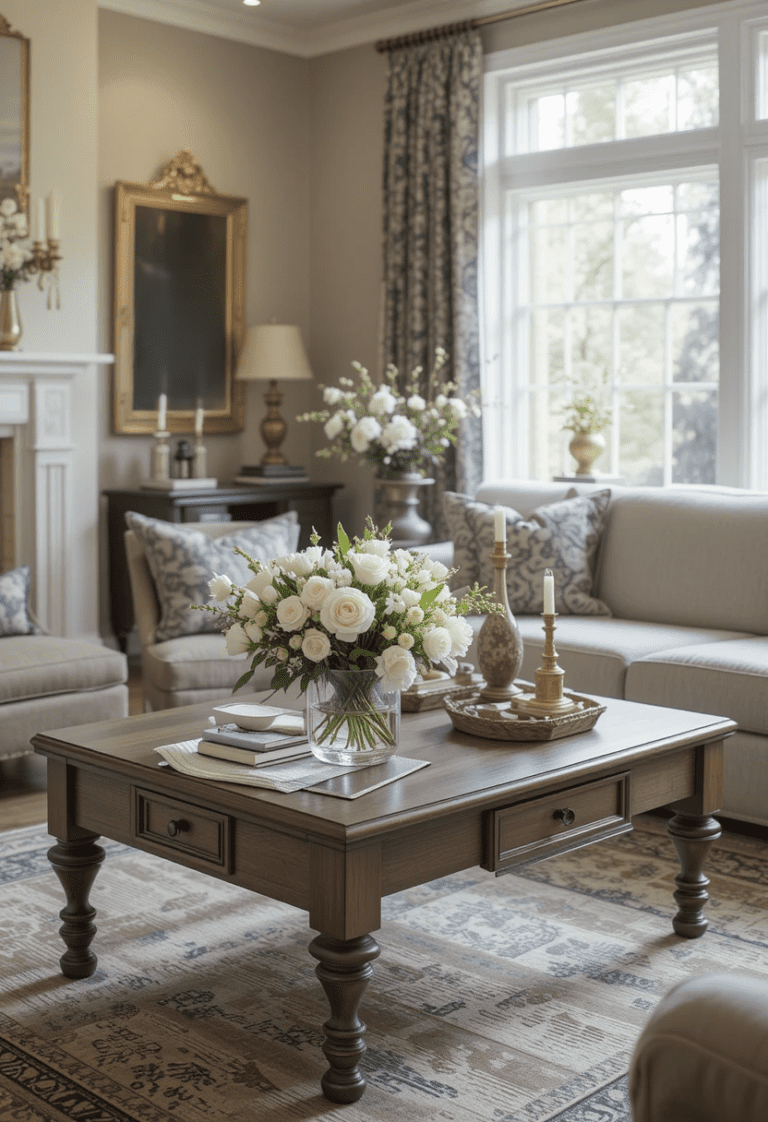 a living room with a couch and a vase of flowers