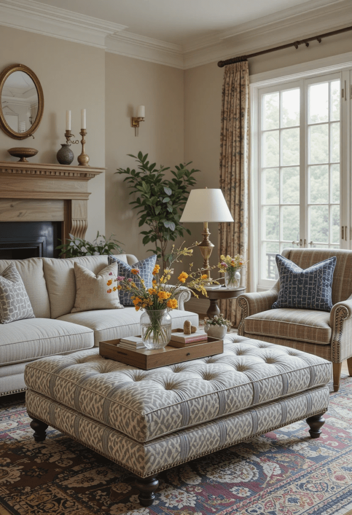 a living room with an ottoman and a fireplace and a couch