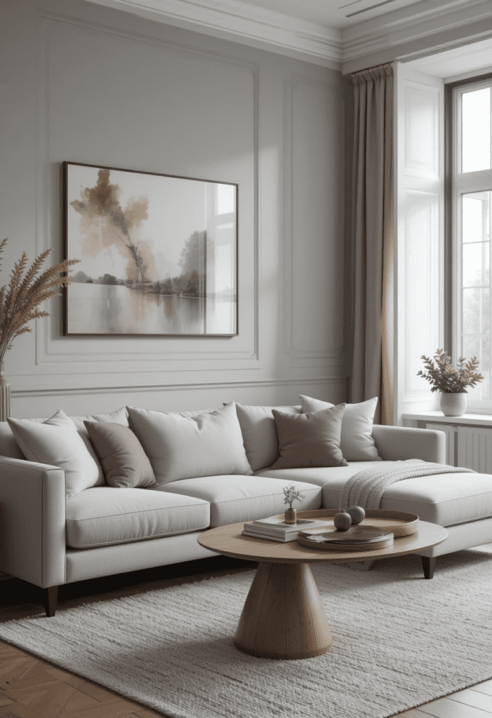 a living room with a couch and a painting on the wall