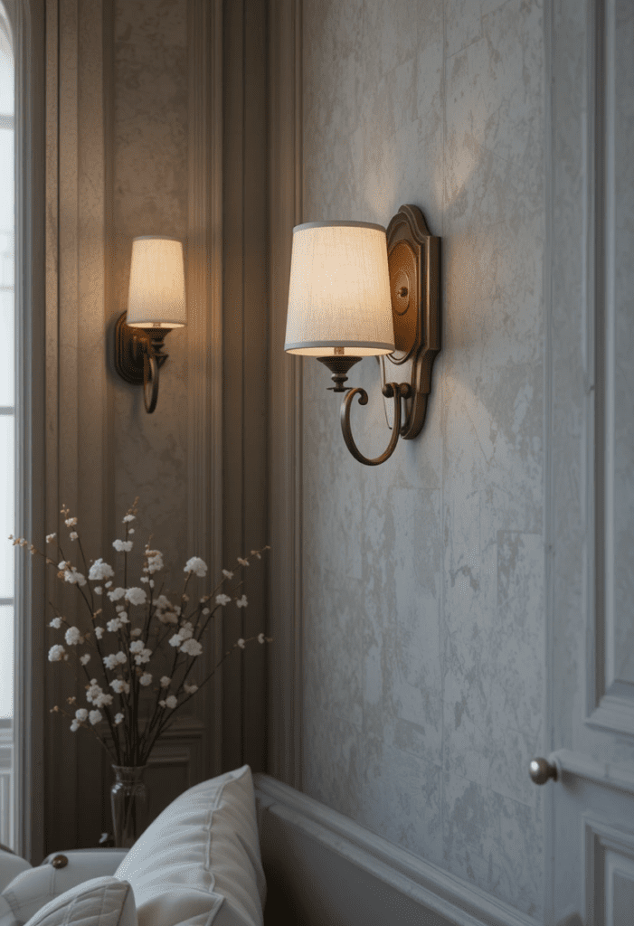 wall sconces in a grey and brown living room