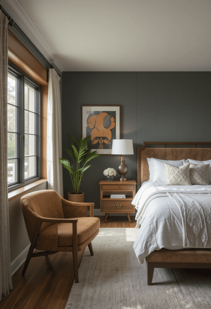 a small seating area in a mid century modern bedroom