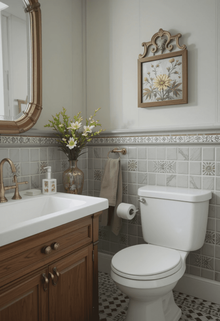 Patterned tiles in a Farmhouse Bathroom