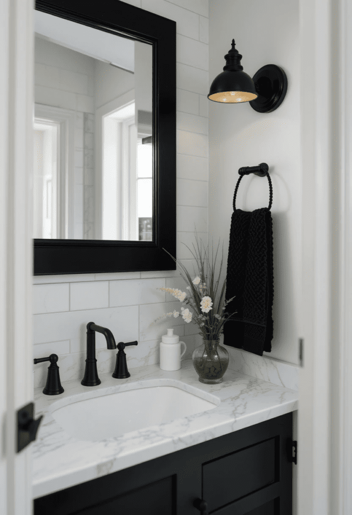 Black Accents in a Farmhouse Bathroom