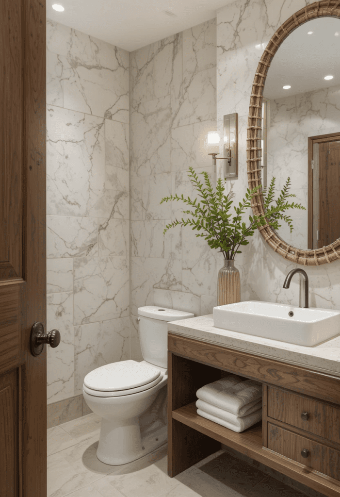 wood, stone, or rattan in a bathroom