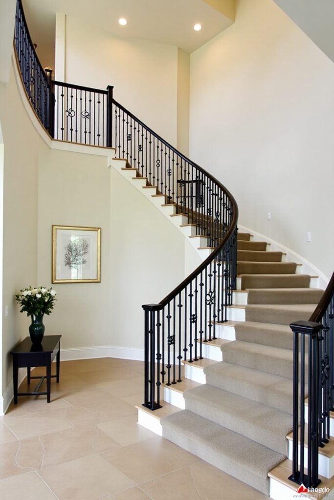 A large entryway with a grand staircase, featuring elegant black iron railings and a plush stair runner.
