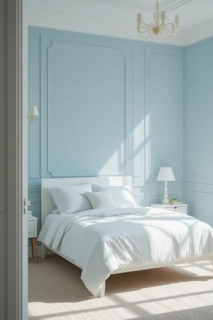 A cozy bedroom with soft blue walls, white furniture, and bright natural lighting for a fresh and airy look.