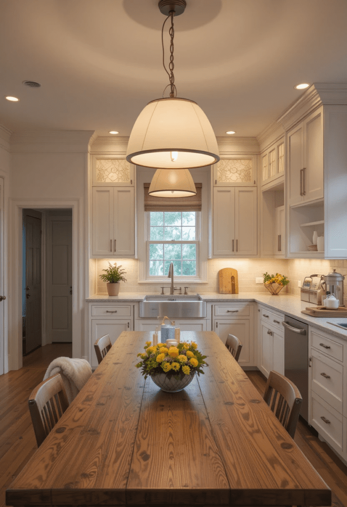 kitchen with warm pendant lights, under-cabinet lighting for a soft, inviting glow.