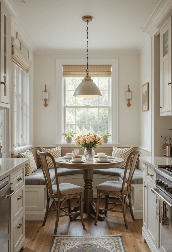 kitchen breakfast nook with a wooden table, cushioned seating.