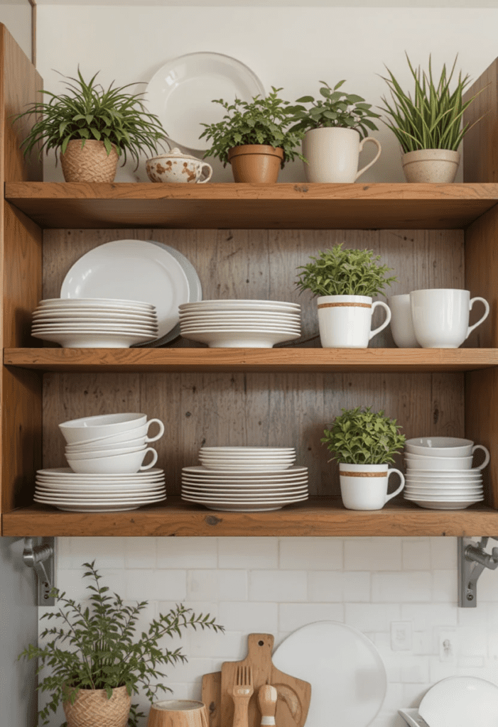 kitchen with open wooden shelves displaying dishes, mugs, and decor for a homey touch.