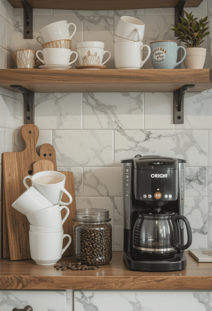 kitchen coffee station with a coffee maker, mugs, and storage for a warm, inviting feel.