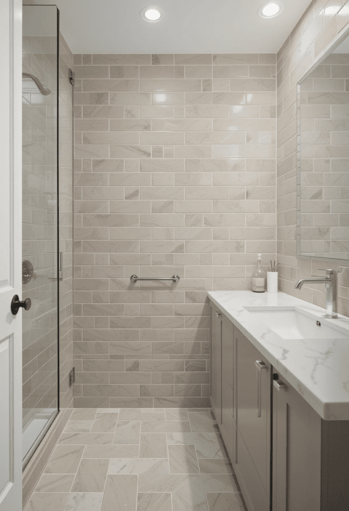 Beige subway tiles arranged in a herringbone pattern in a modern bathroom with white grout and soft lighting.