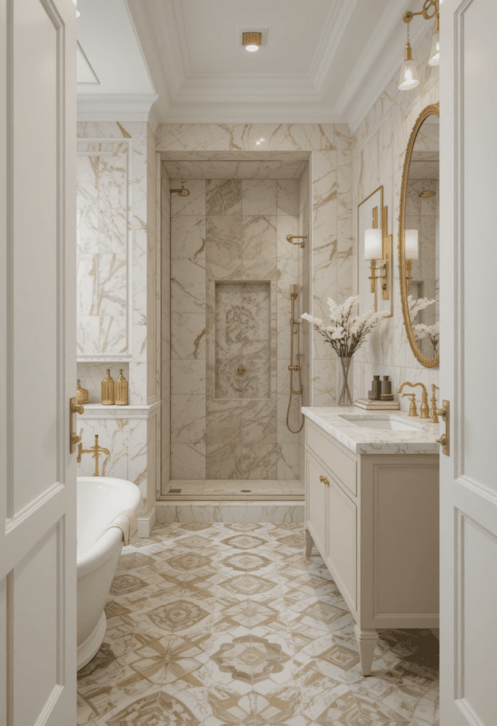 Beige and white geometric floor tiles in a modern bathroom with a neutral vanity and gold fixtures.
