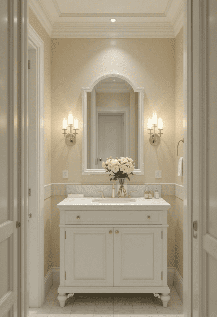 A bathroom with beige walls and white trim, featuring a minimalist white vanity and natural lighting.