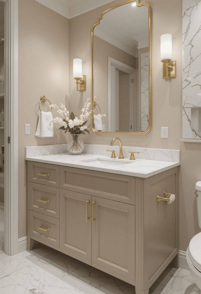 A beige vanity with a marble countertop and gold hardware in a modern bathroom.