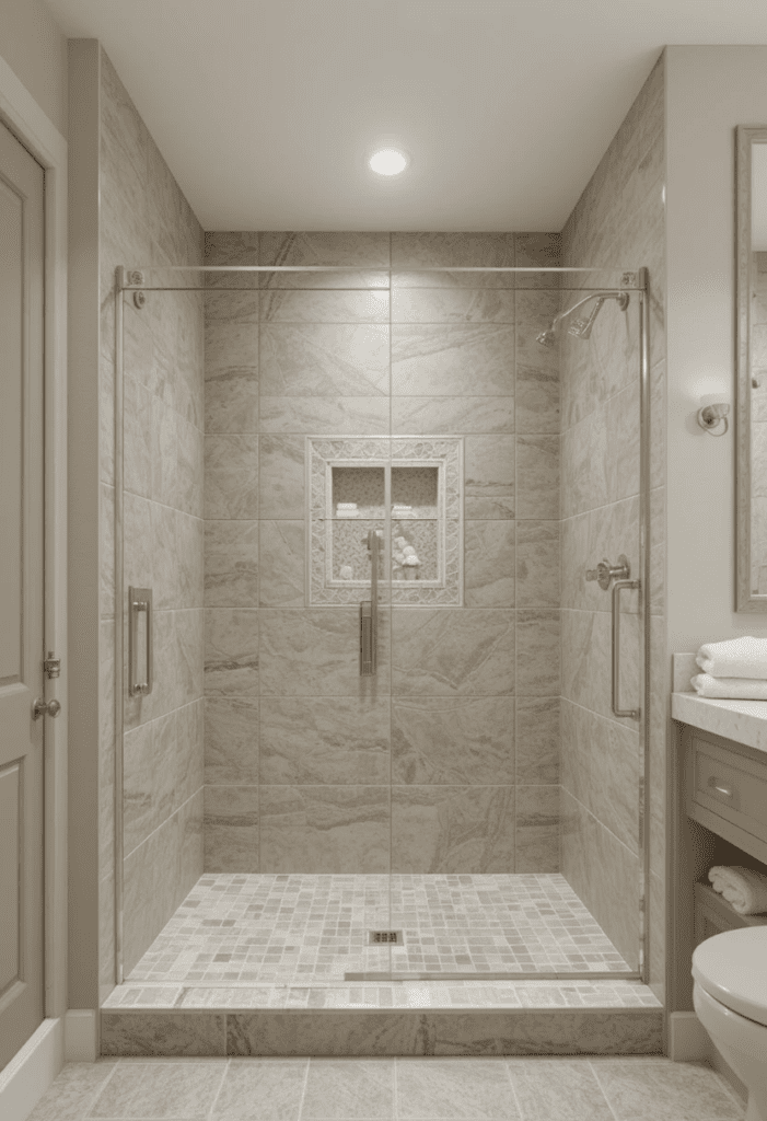A bathroom featuring beige walls and gray flooring with a modern walk-in shower.