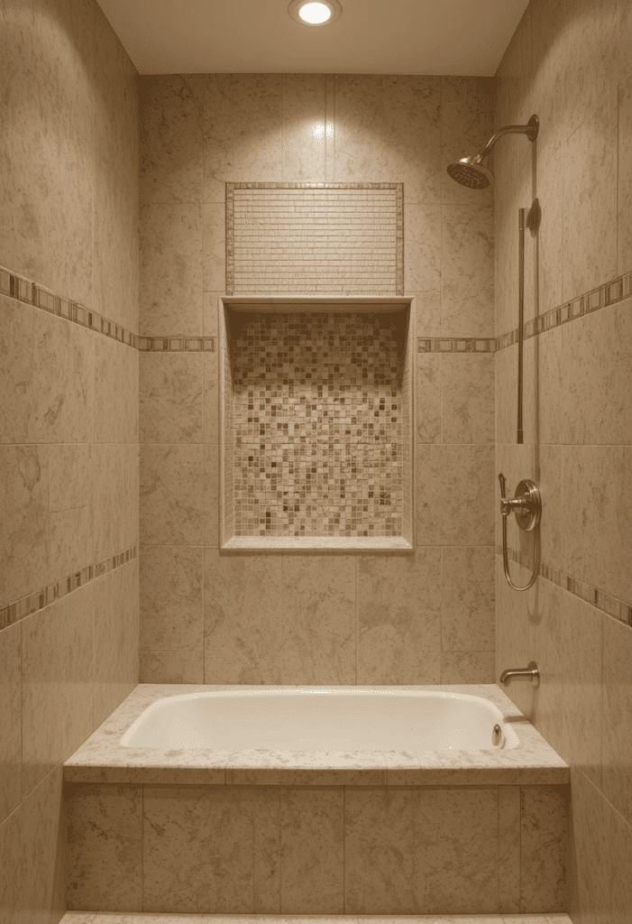 Beige mosaic tiles in a shower niche and backsplash, adding texture to a neutral bathroom.