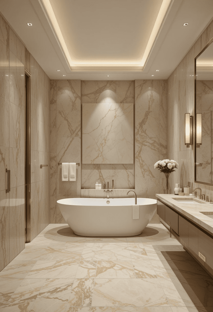 Beige marble flooring in a luxurious bathroom with a freestanding tub and soft lighting.