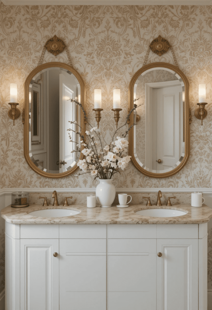 A bathroom with beige textured wallpaper, a white vanity, and gold-framed mirrors.