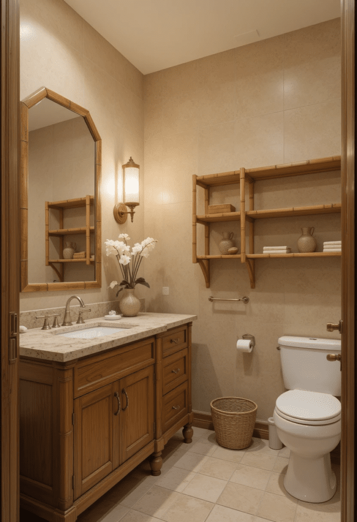 A beige bathroom with wooden elements, including a vanity and bamboo shelves for a natural look.