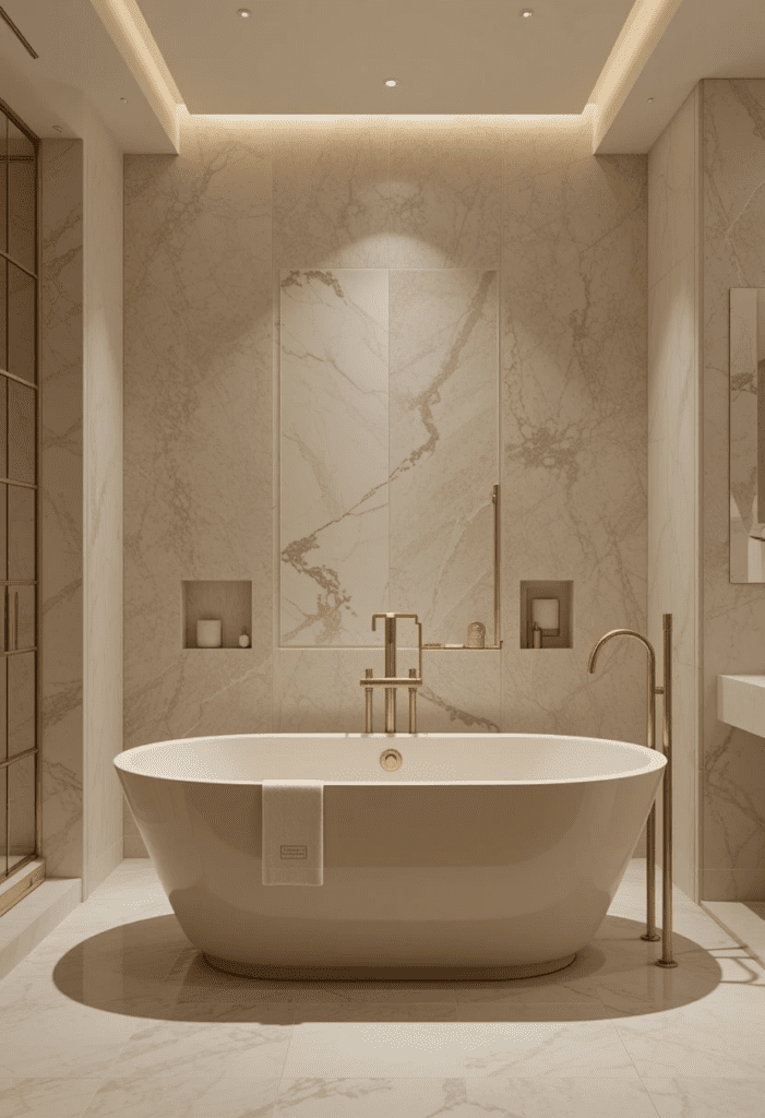 A freestanding beige bathtub in a modern bathroom with gold fixtures and soft lighting.