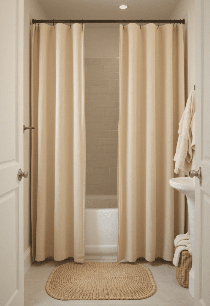A bathroom featuring beige shower curtains, plush towels, and a woven bath mat.
