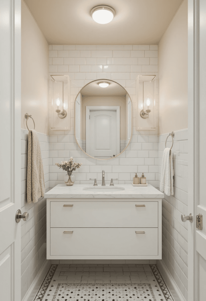 A bathroom with a beige ceiling and white subway tiles, creating a cozy ambiance.
