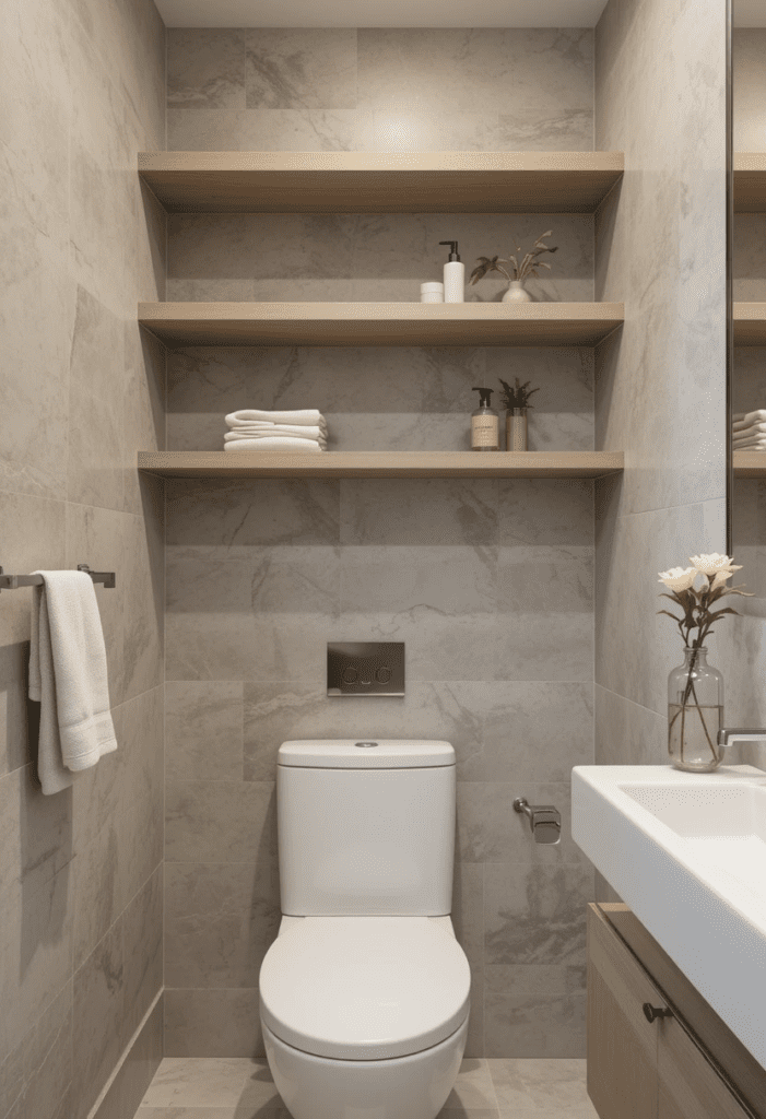 Beige floating shelves in a bathroom