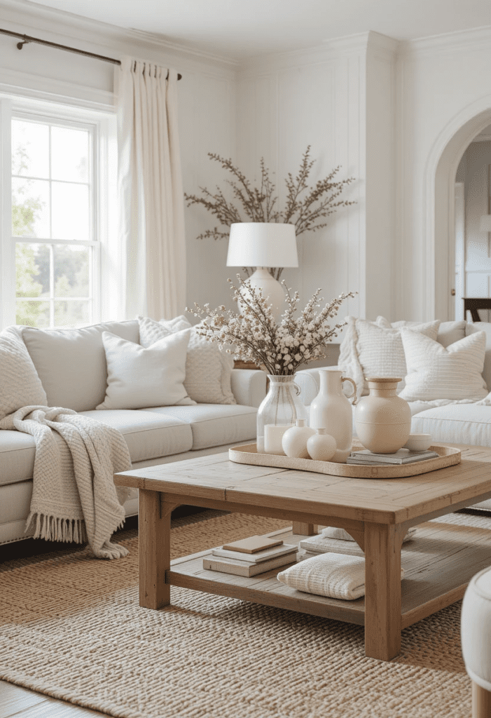 A farmhouse-style living room with a chunky knit throw, a woven jute rug, and soft linen curtains, creating a cozy atmosphere.