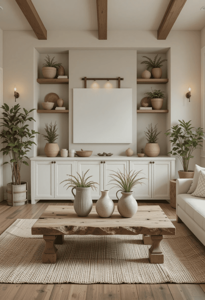 A farmhouse living room with a rustic wooden coffee table, stone vases, and potted plants, bringing in natural elements.