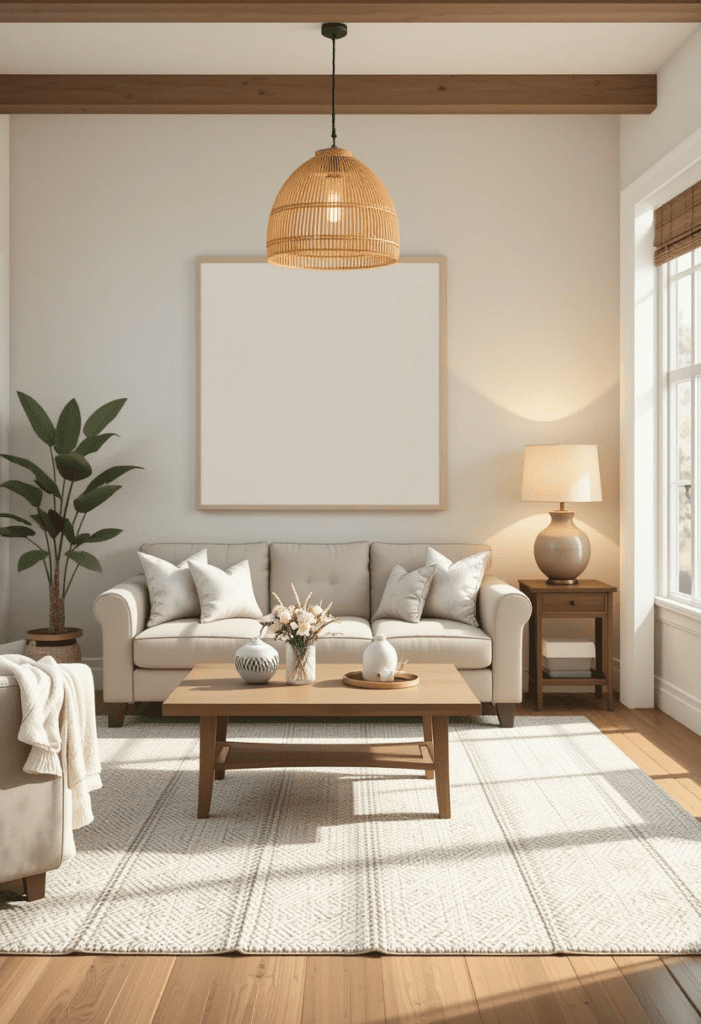 A farmhouse-style living room with a rattan pendant lamp and a ceramic table lamp, providing warm and stylish lighting.