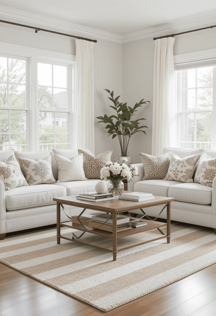 A farmhouse living room with a striped area rug, geometric-patterned throw pillows, and soft neutral curtains.