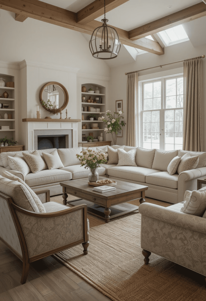 A modern farmhouse living room with a plush neutral sectional, cozy armchairs, and a warm area rug.