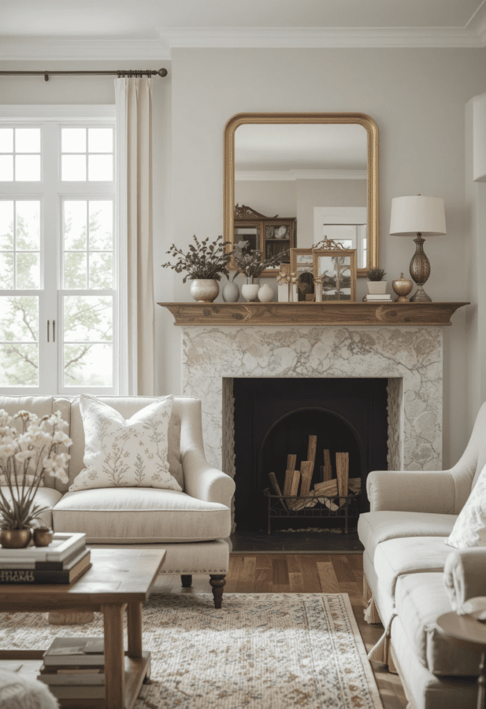 A farmhouse living room featuring brass mirrors, copper candle holders, and gold-accented decor pieces.