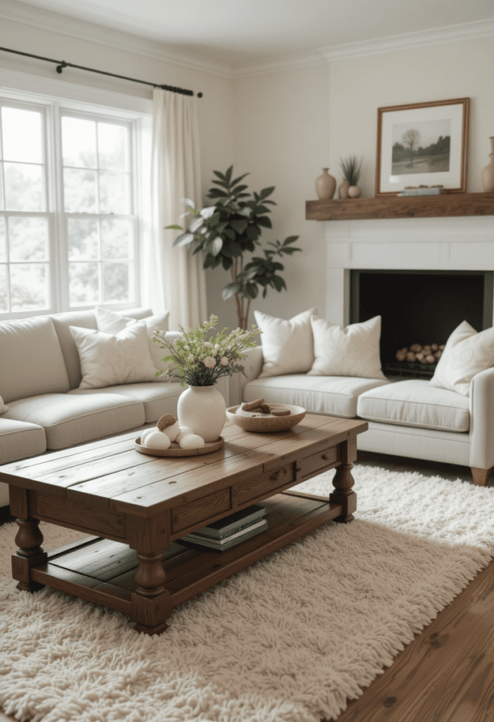 A farmhouse-style living room with a plush area rug, rustic wooden coffee table, and a cozy seating arrangement.