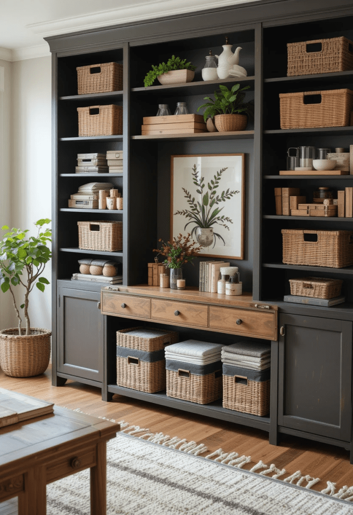 A farmhouse-style living room with woven baskets, sleek shelving, and a wooden console table for stylish storage.