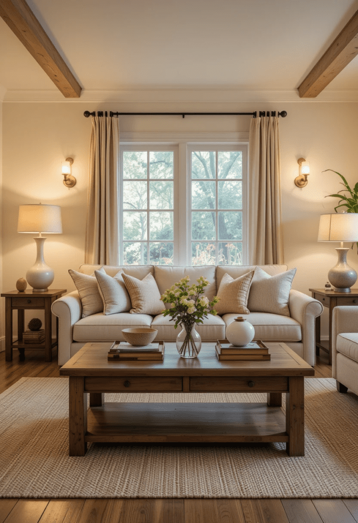 A cozy farmhouse living room with soft ambient lighting from floor lamps, wall sconces