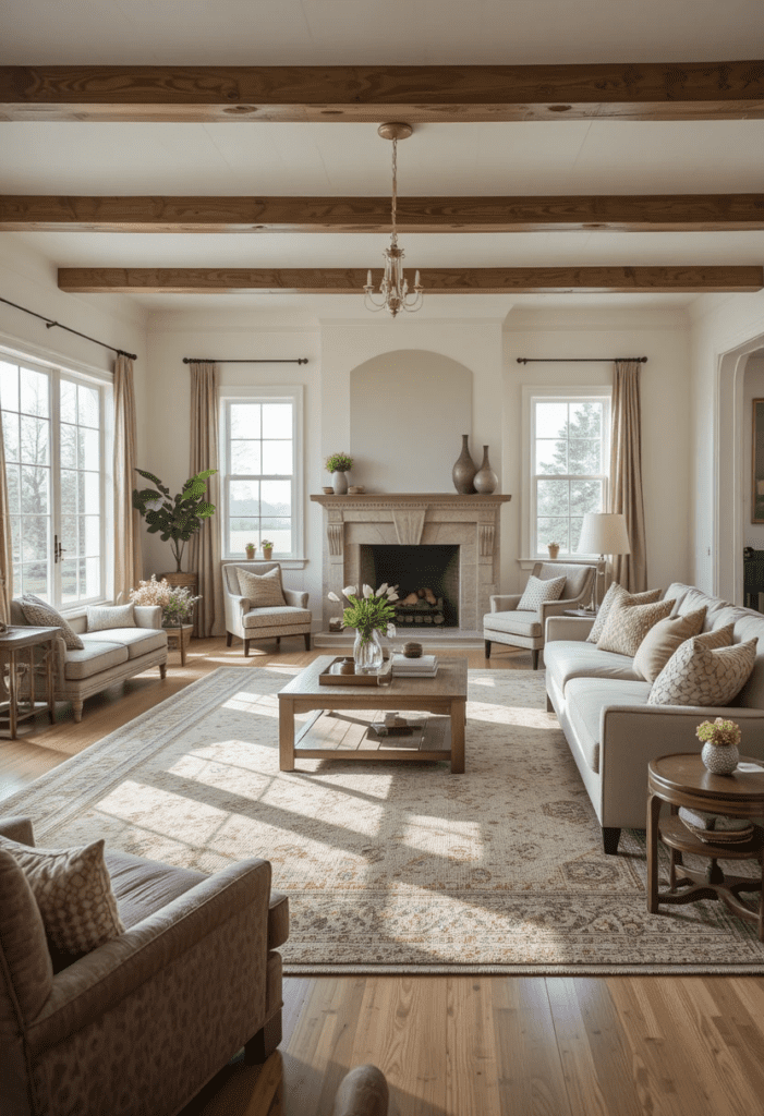 A farmhouse living room with an open-concept design, featuring a large area rug and airy furniture placement.
