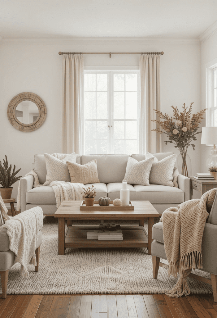 A farmhouse living room with a neutral sofa, layered with soft wool and cotton throws for warmth and comfort.