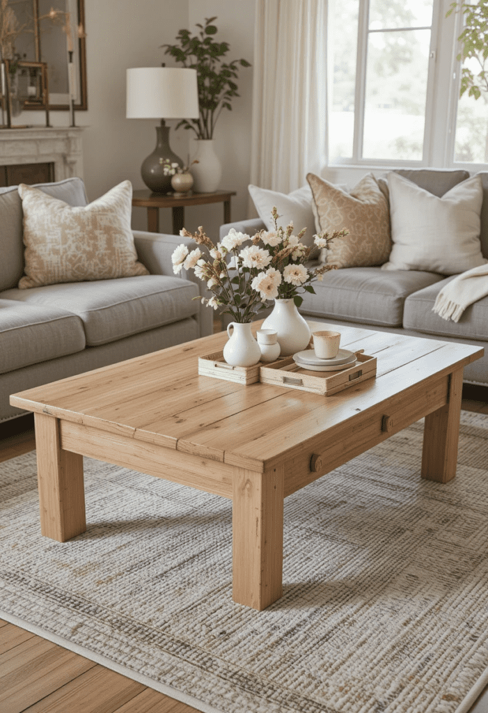 A farmhouse living room with a raw-finish wooden coffee table, surrounded by cozy neutral seating and a soft area rug.