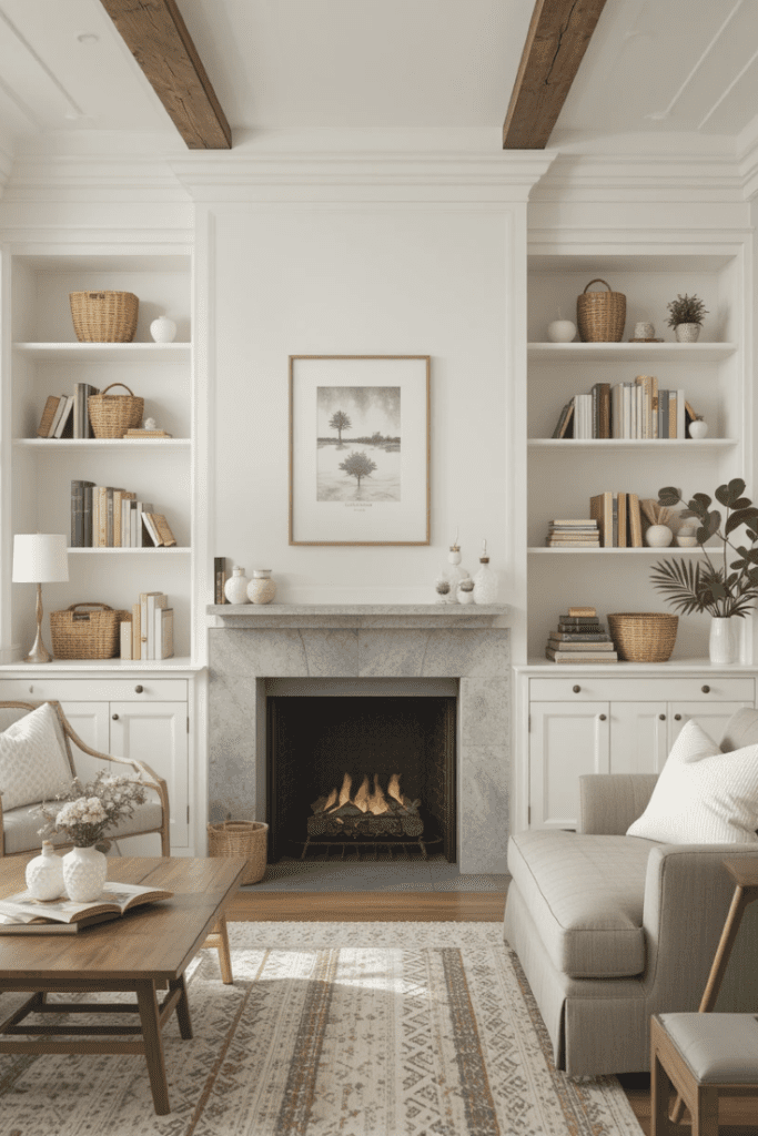 A farmhouse living room with built-in shelves painted in neutral tones, mostly empty with minimal decor.