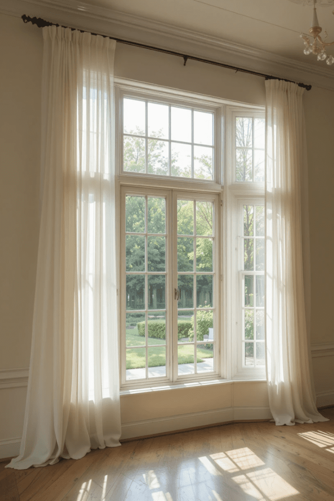 A farmhouse living room with large windows and sheer white curtains, with an open and empty space.