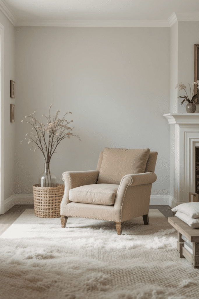 A farmhouse living room with a single earthy-toned accent chair in a minimal, open space.