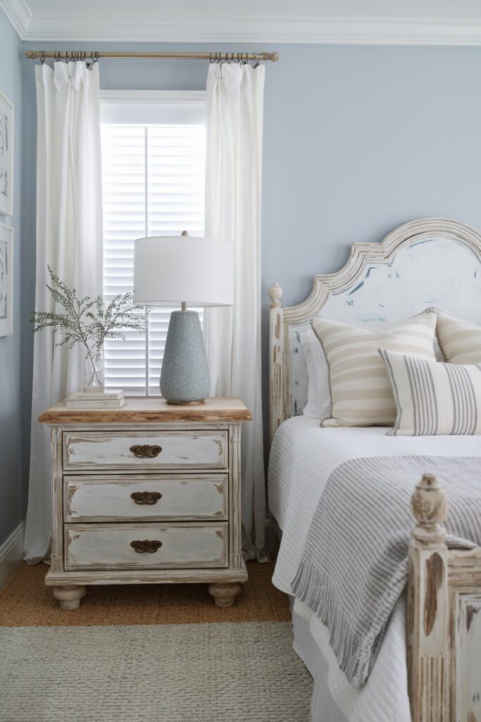 A bedroom with white-washed wooden furniture and soft blue walls for a coastal-inspired touch.