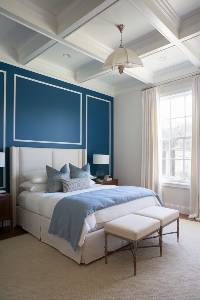 A bedroom with a blue accent wall and white trim, creating a fresh and balanced color scheme.