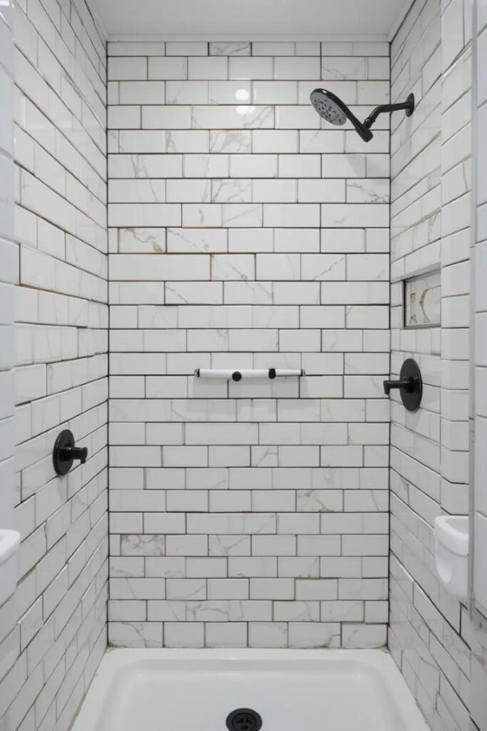 A bathroom with white subway tile walls and black grout for a sharp, modern look.