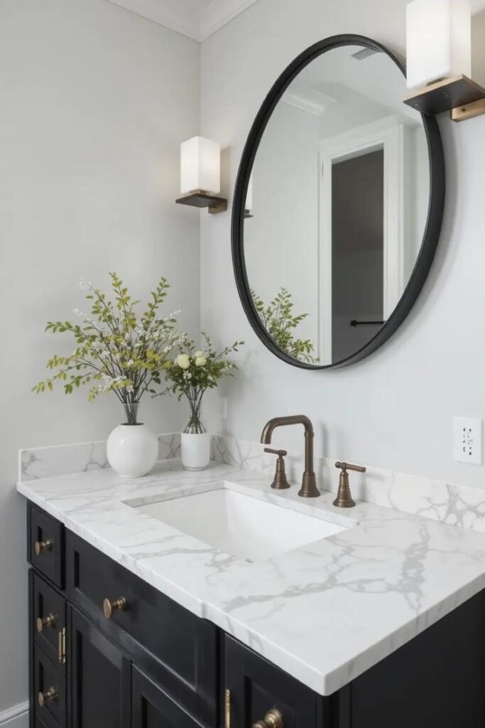 A bathroom with a black vanity and white countertop for a sleek, modern look.