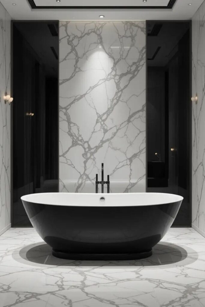 A black freestanding bathtub creating a bold focal point in a white bathroom.