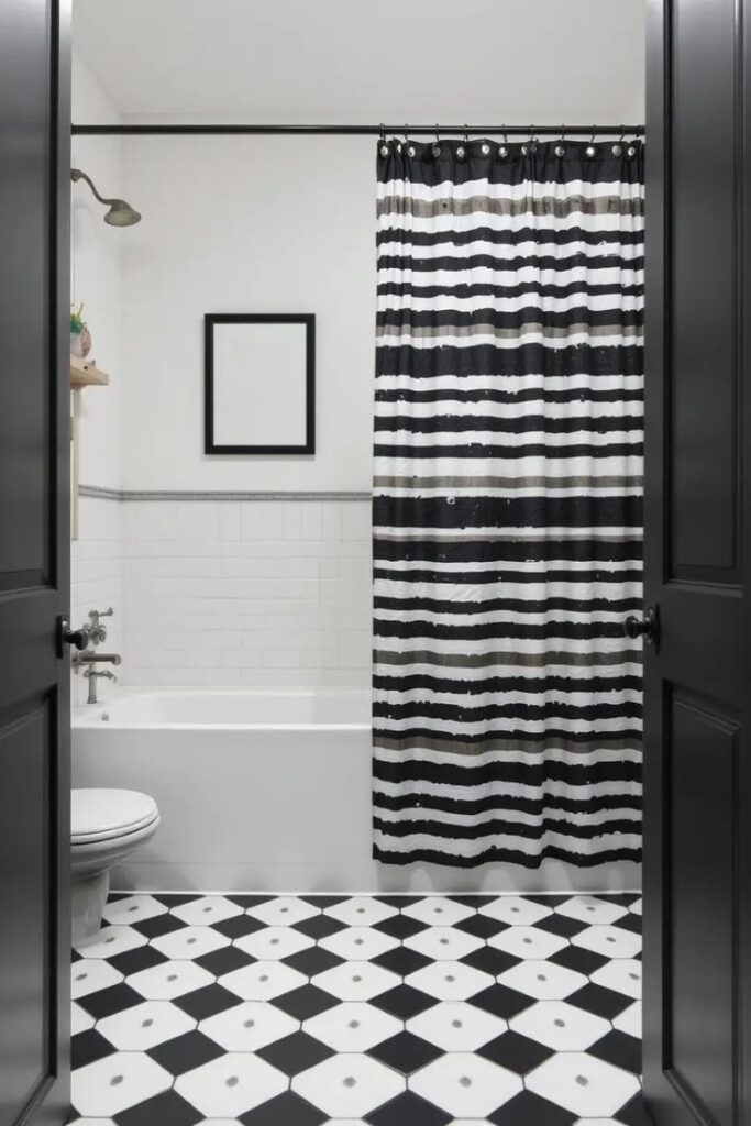 A bathroom featuring mixed black and white patterns for depth and personality.