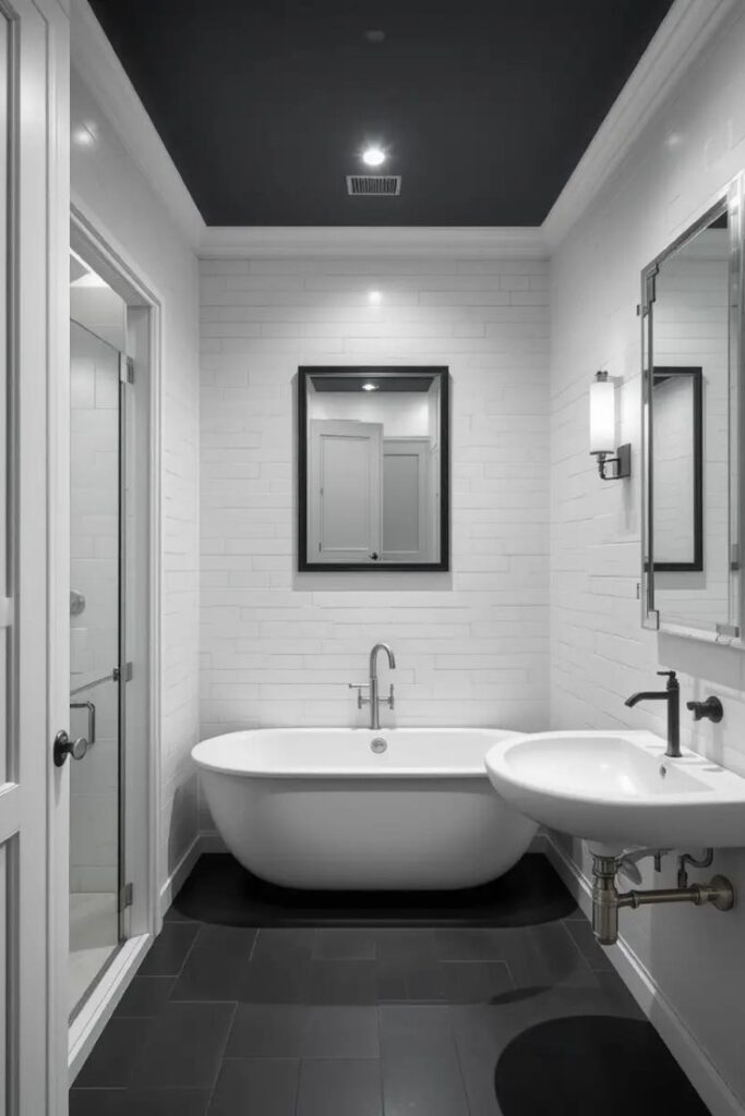 A white bathroom with a black ceiling adding a bold, modern touch.